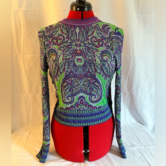 Free People Green & Purple Paisley Sweater size  S/P - Picture 3 of 9